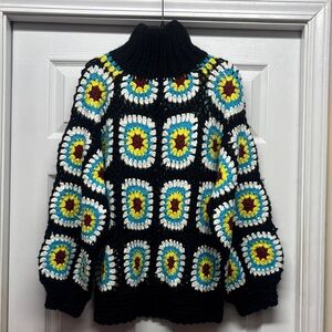 POL Granny Square Patch  Colorful Crochet Patterned Sweater Oversized Small